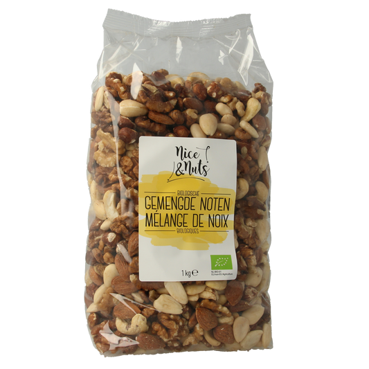 Raw organic mixed nuts by Nice & Nuts in a 1kg package, showcasing a variety of fresh, natural superfoods for healthy snacking.