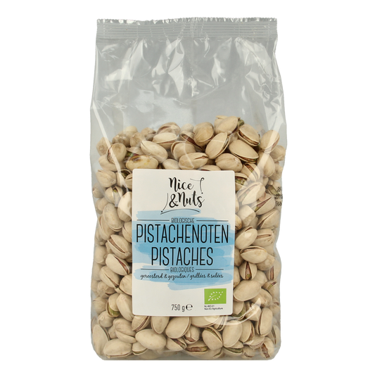 Roasted and salted organic pistachios in a 750g bag from Nice & Nuts, a healthy snack option.