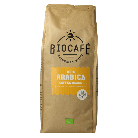Organic Arabica coffee beans by Biocafe, 500 grams, showcasing fresh, whole coffee beans in a natural setting.