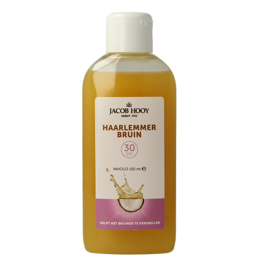 Jacob Hooy Haarlemmerbruin SPF30 sunscreen bottle, 150ml, with a white cap and label featuring SPF 30 protection for sun exposure.