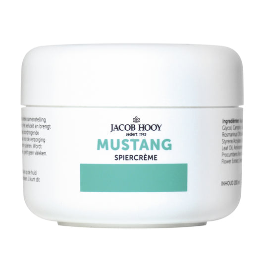 Jacob Hooy Mustang spierverzorging en gewrichtsverzorging crème in 200ml tube, for muscle and joint relief.