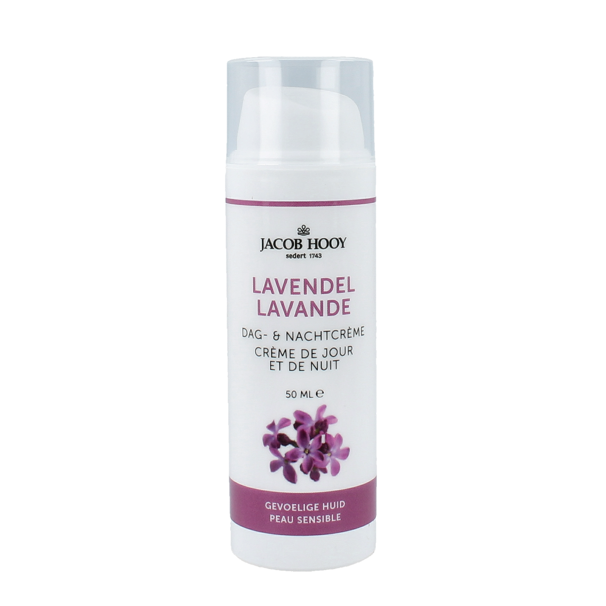 Jacob Hooy Lavendel day and night facial cream jar, 50ml, with lavender scent and soothing skincare benefits.