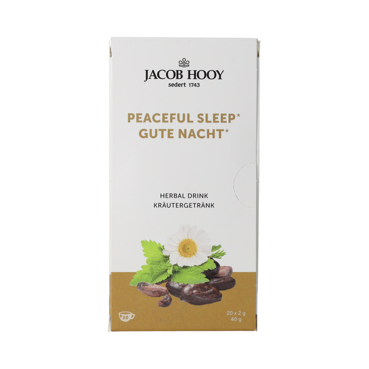 Jacob Hooy Gezonde Nachtrust Thee in a box with 20 tea bags, herbal blend promoting healthy sleep.