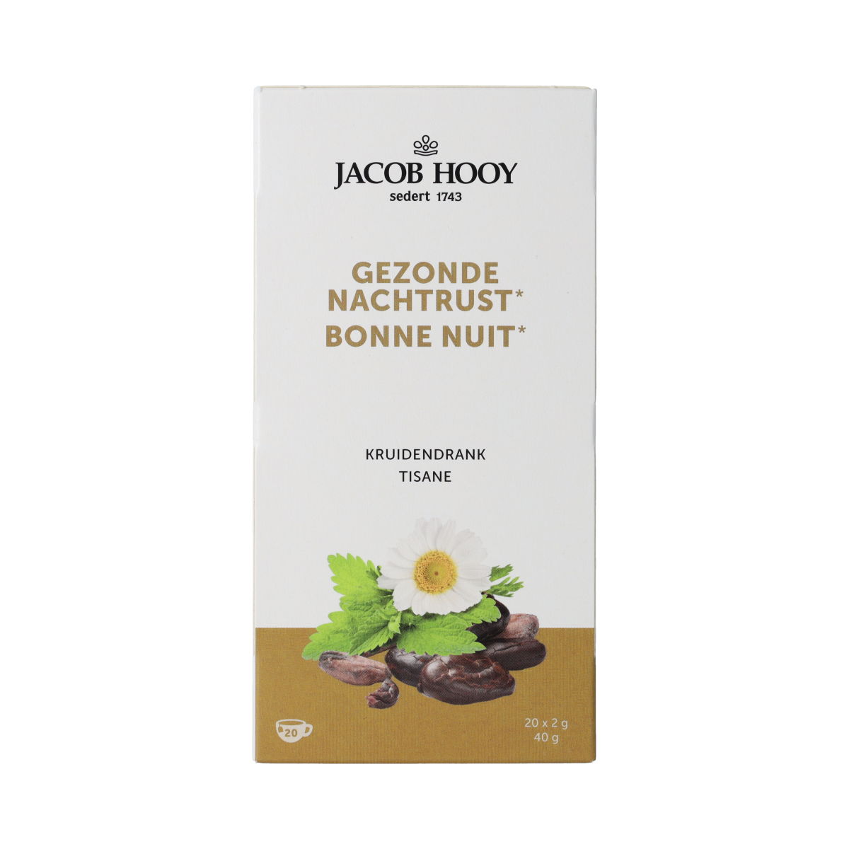 Jacob Hooy Gezonde nachtrust thee in a tea bag, featuring herbal ingredients for a calming sleep aid.
