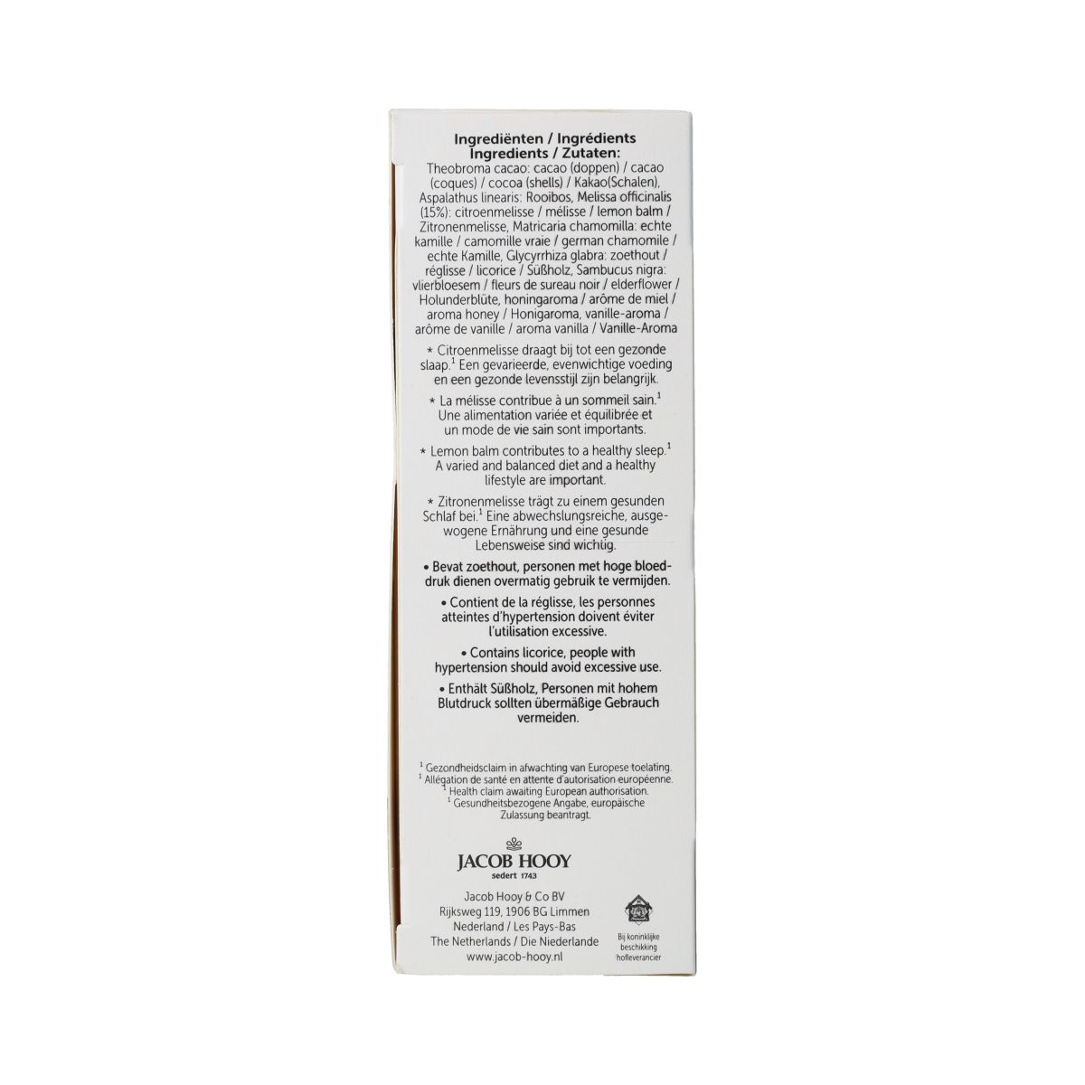 Jacob Hooy Gezonde Nachtrust Thee in a tea bag, herbal blend for restful sleep, shown in a close-up image.