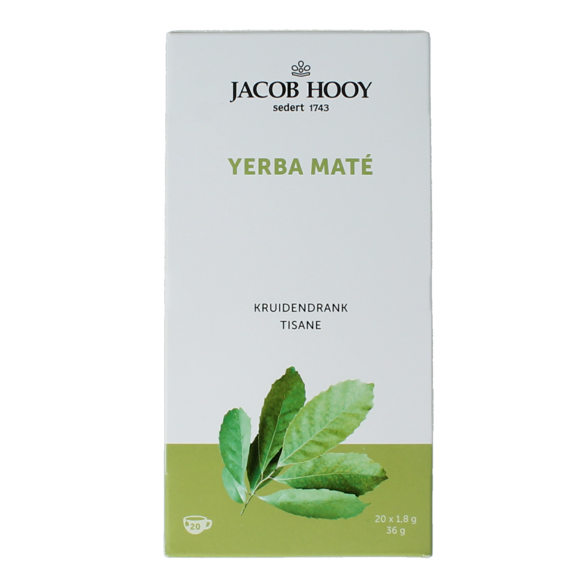 Jacob Hooy Yerba Mate Tea sachets, 20-pack, herbal tea in yellow packaging with green accents, suitable for brewing.