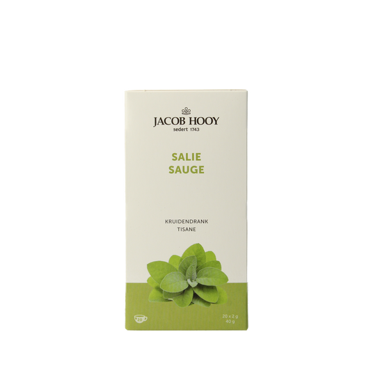 Jacob Hooy Salie thee in 20 tea bags, herbal tea for soothing and flavorful herbal infusion, packaged in a clear box