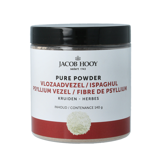 Jacob Hooy Pure Powder vlozaadvezels in a clear container, showing the fine, light brown flaxseed fiber powder for herbal preparations.