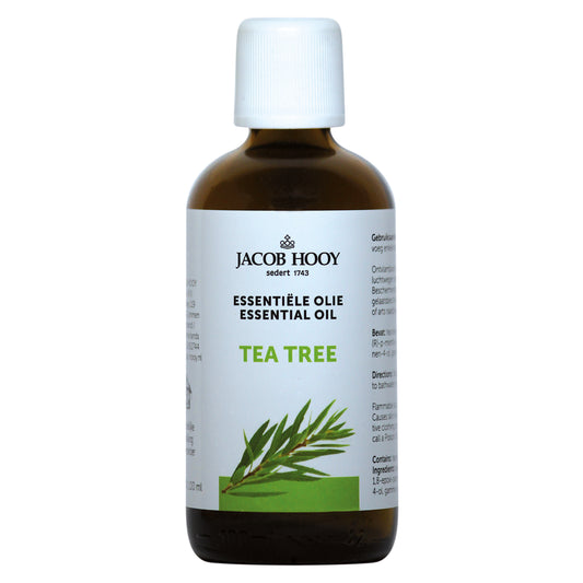 Jacob Hooy Tea Tree Oil 100ml bottle, natural essential oil for skin and hair, in clear glass container with label.
