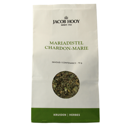 Jacob Hooy Mariadistel kruiden supplement in 70g package, featuring dried milk thistle herbs for herbal health support.