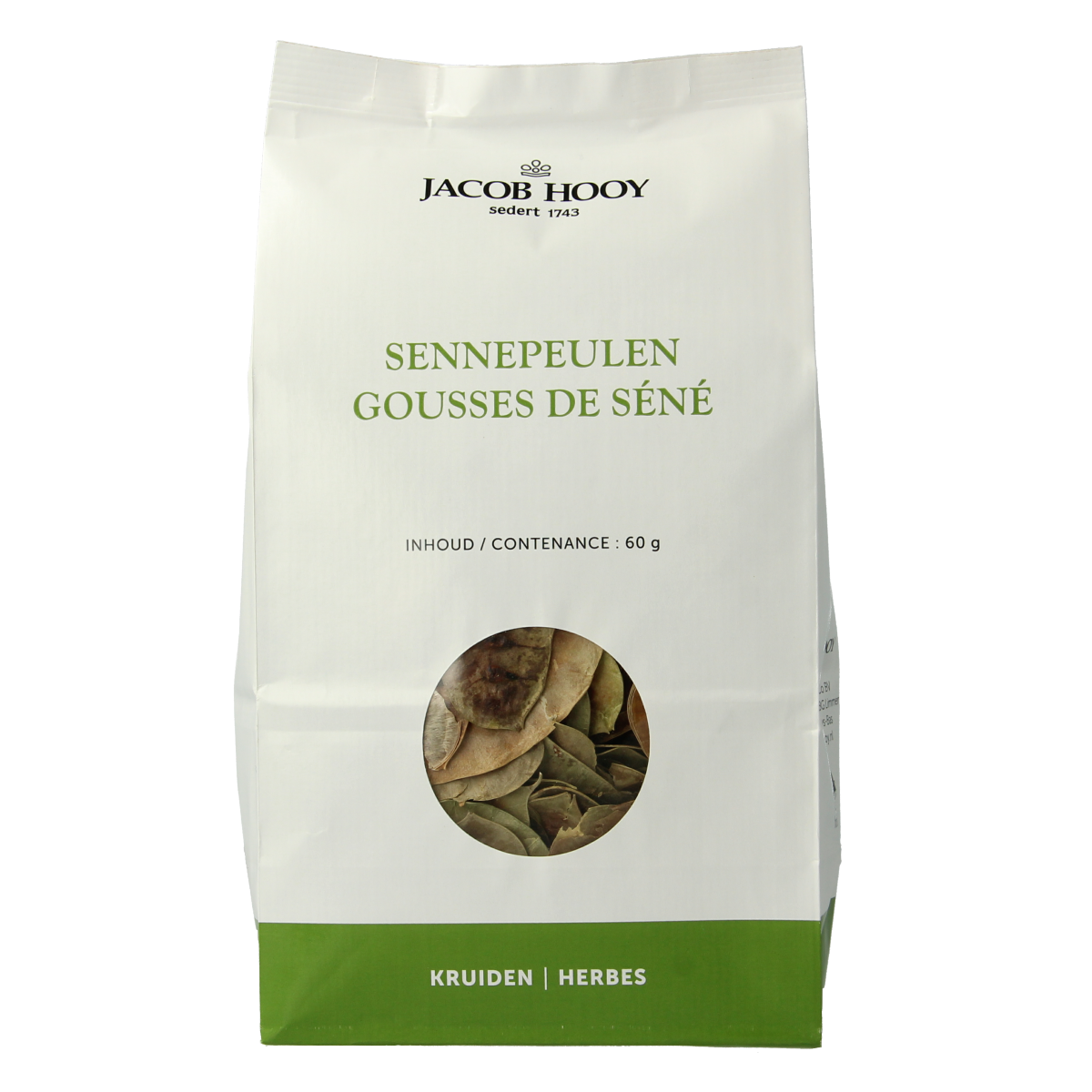 Jacob Hooy sennepeulen in a clear container, showing yellow mustard seeds used as herbs, spices, and meal mixes.
