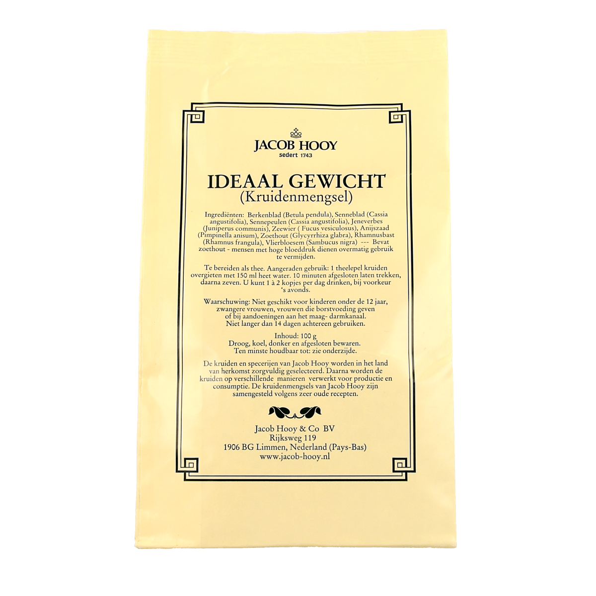 Jacob Hooy Ideal weight herbal blend container, 100g, part of kruiden, zouten en maaltijdmixen product line, with label and product details visible.