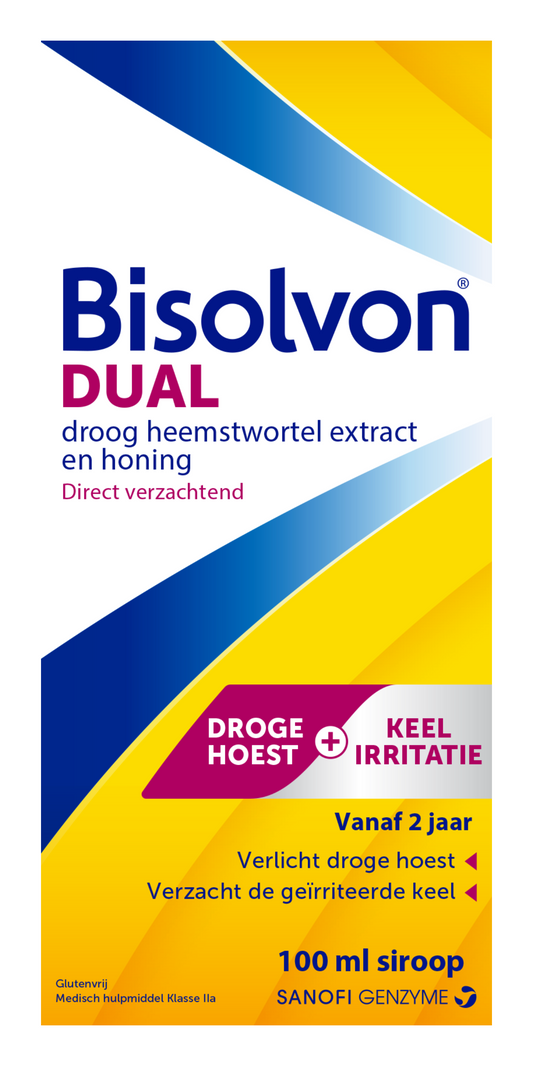 Bisolvon Dual droge hoest en keelirritatie siroop 100ml bottle with label and cap, for soothing dry cough and throat irritation.