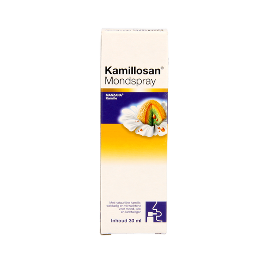 Kamillosan Mondhygiëne en Poetscontrole spray, 30 ml, in a white bottle with a blue cap, designed for oral hygiene.