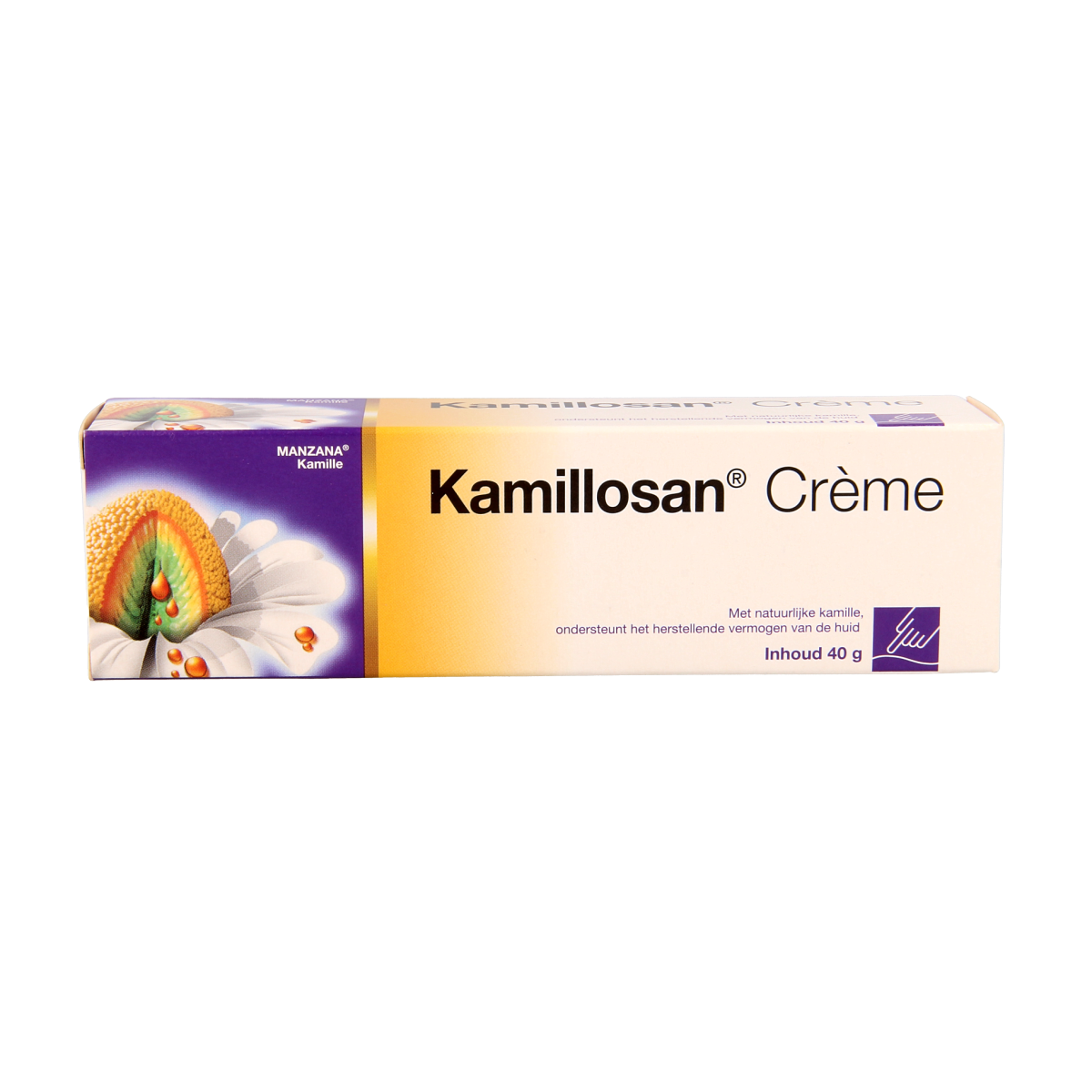 Kamillosan Creme 40g for body care, featuring a white tube with green accents and the Kamillosan logo on the packaging.