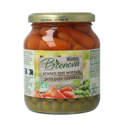 Bionova organic peas and carrots in 350g packaging, fresh green peas and orange carrots in clear packaging.