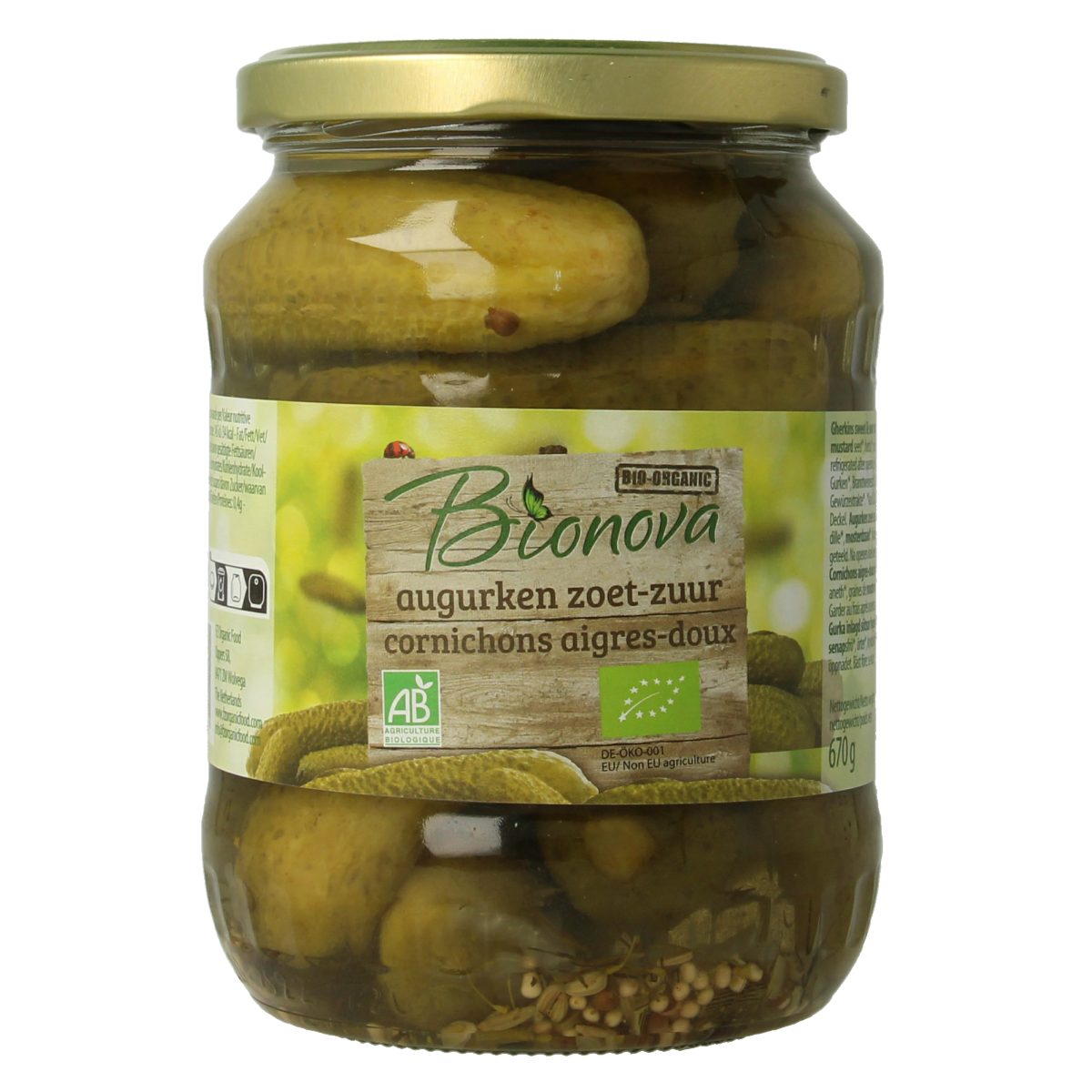 Bionova sweet and sour organic pickled cucumbers in a 670g jar, fresh and crunchy, part of Bionova's vegetable and fruit range.