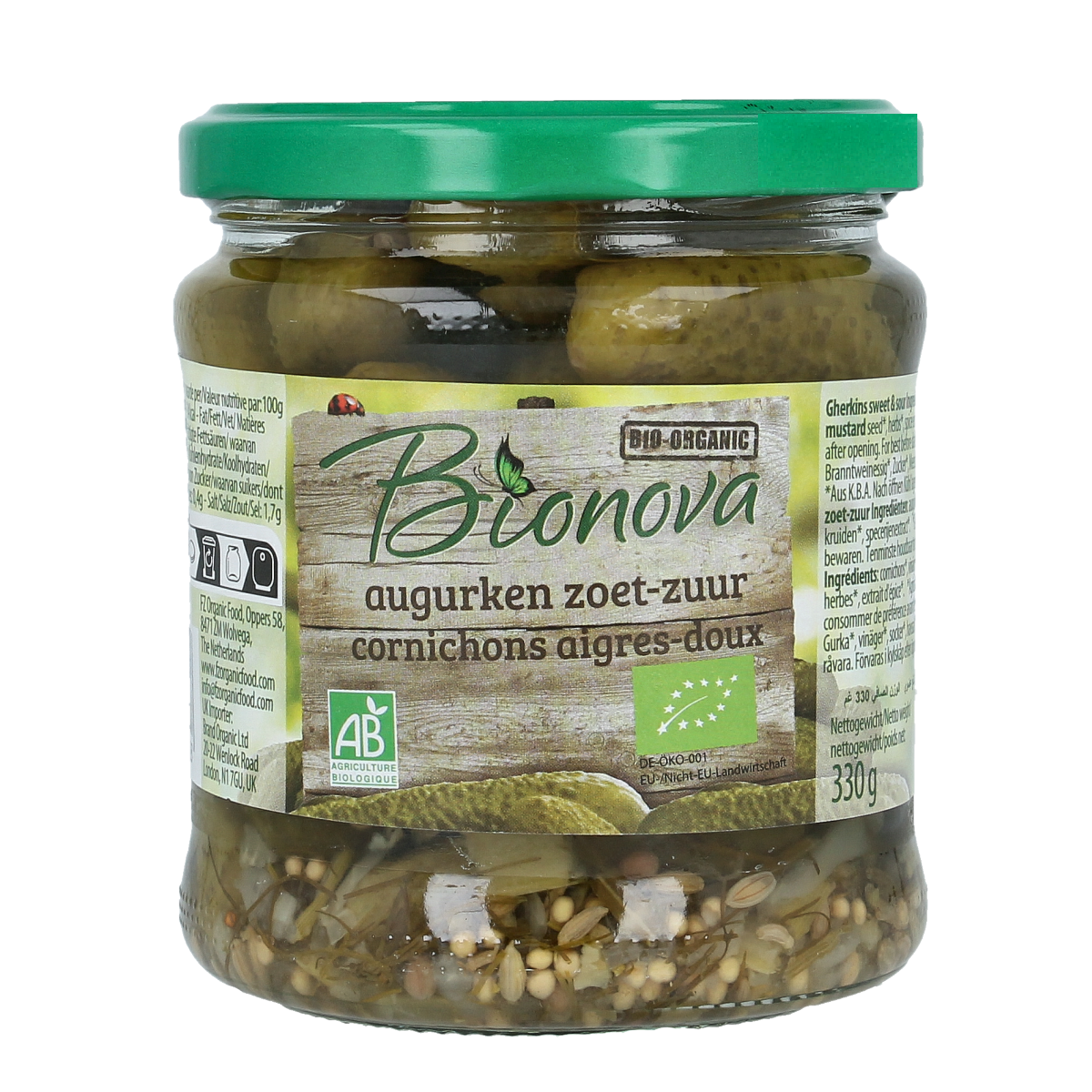 Bionova sweet and sour organic pickled gherkins in a 330g jar, showcasing the jar with pickled cucumbers and label.