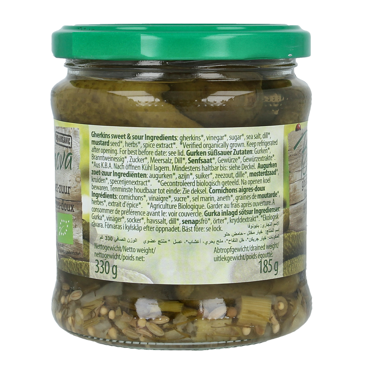 Bionova zoet-zure biologische augurken in glazen jar, 330g, with fresh, crunchy cucumbers and pickling spices.