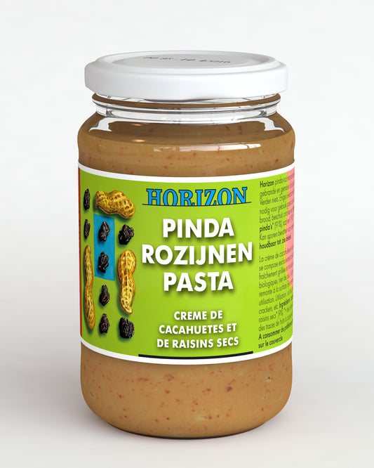 Horizon organic Pinda-rozijnenpasta spread on bread, 350g jar with peanut and raisin ingredients visible.