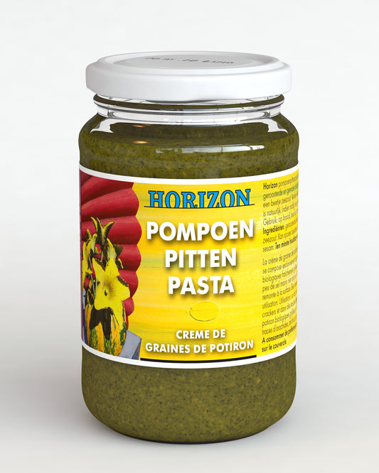 Horizon organic pumpkin seed pasta spread on bread, 350g, natural broodbeleg with pumpkin seeds for healthy snacking.