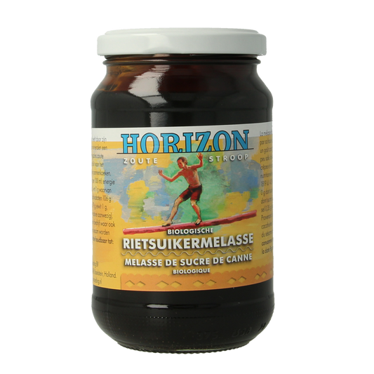 Horizon Rietsuikermelasse bio, 450g, natural organic sugar syrup with rich caramel color, in a clear glass jar.