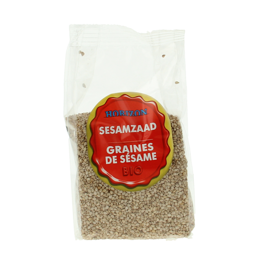 Organic Horizon Sesamzaad bio, 200g, raw superfood seeds displayed in a clear package with sesame seeds inside.