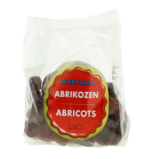 Horizon bio apricots in 250g packaging, fresh and ripe, displayed in a natural setting against a neutral background.