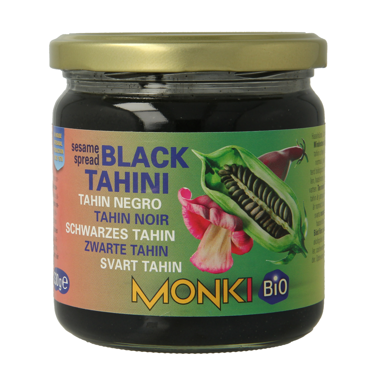 Monki bio zwarte tahin spread in 330g jar, natural black sesame paste perfect for bread and toast.