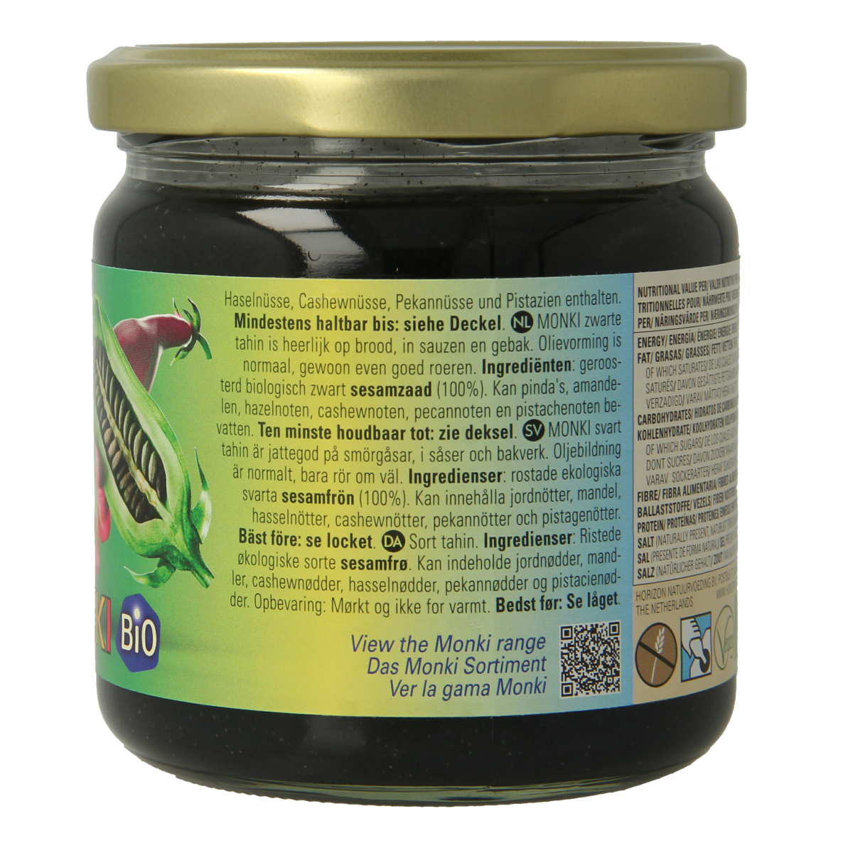 Monki bio zwarte tahin spread jar, 330g, with dark tahini paste visible in a glass jar, ideal for bread toppings and sandwiches.