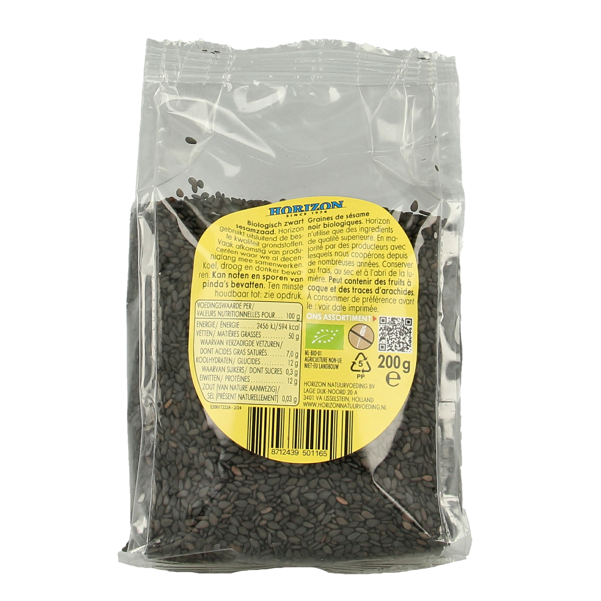 Horizon black sesame seed bio spread on bread, close-up of dark toasted sesame seeds in a jar, organic bread topping, 200g.