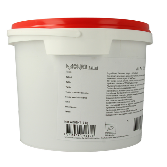 Monki Tahin Eko bio, 3kg jar of organic sesame seed spread, ideal as a nutritious broodbeleg or sandwich topping.