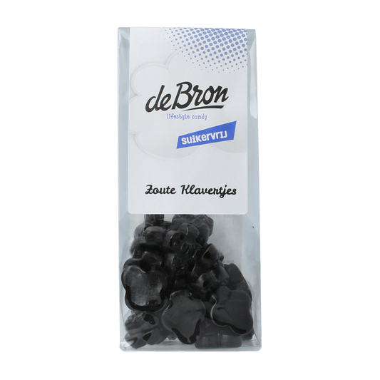 De Bron zoutvrije klavertjes snoepgoed in 90g verpakking, featuring colorful, sugar-free candy shaped like clovers.