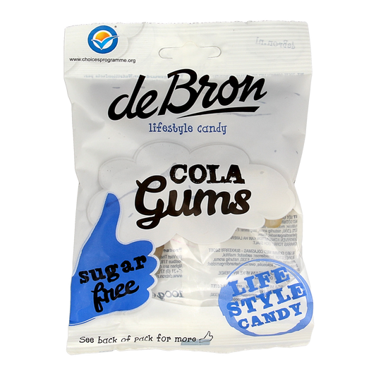 De Bron Cola gums snoepgoed, suikervrij, 100g, with colorful cola-flavored gummy candies in a clear package.