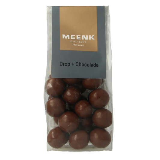 Meenk Drop chocolade snoepgoed in 150 gram package with glossy, dark chocolate drops on a white background.