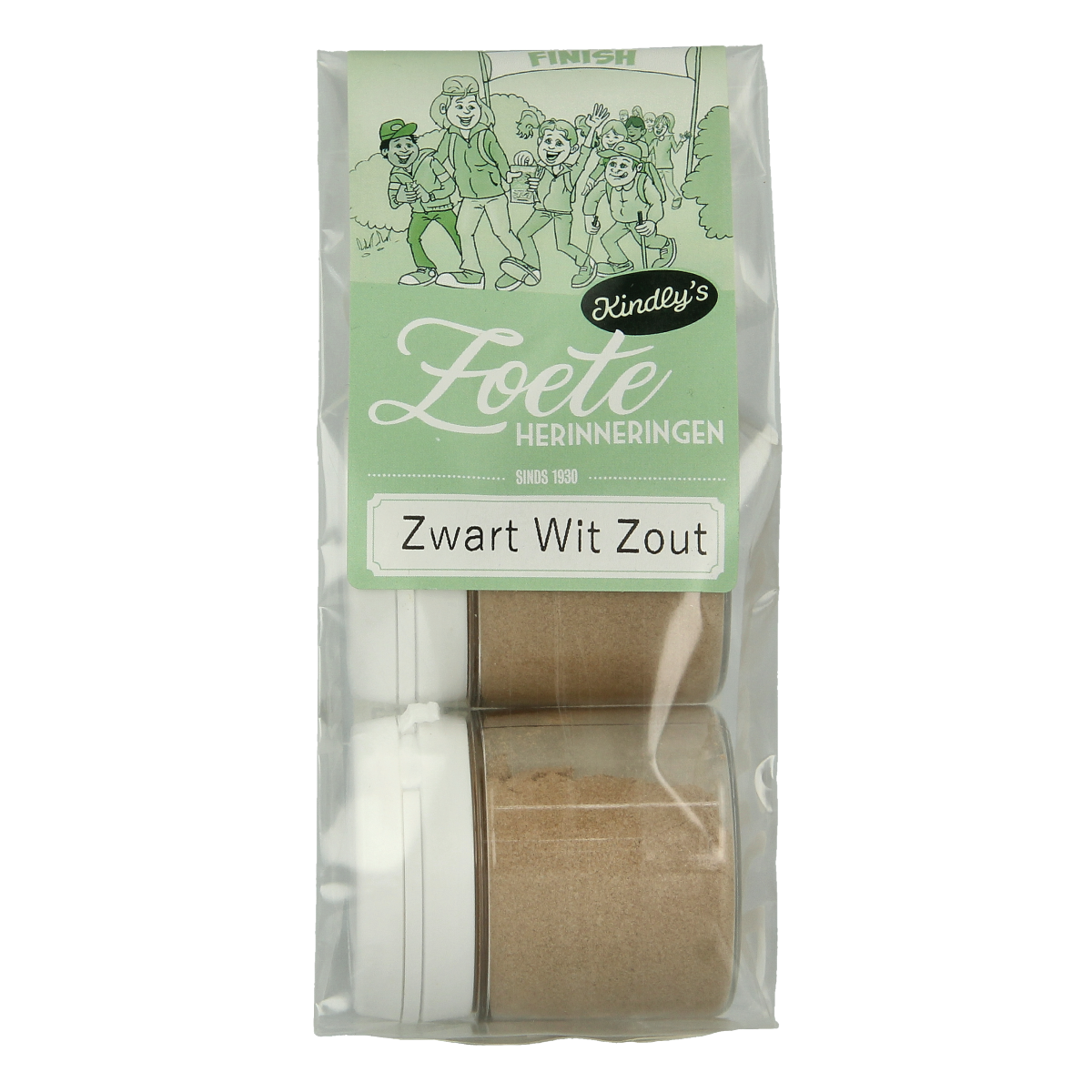 Kindly's Zwart wit potjes zout snoepgoed in 25 gram containers, set of 2, with black and white packaging.
