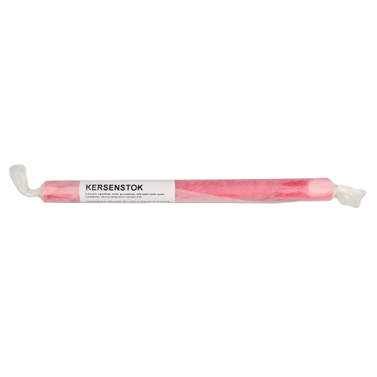 Kindly's Zuurstok cherry candy stick, a colorful sour lollipop, shown in the image with bright red and yellow swirls.