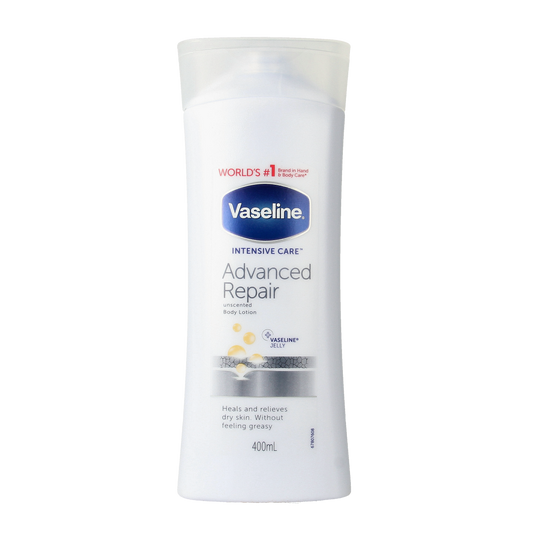 Vaseline Advanced Repair Body Lotion 400ml bottle, creamy consistency, designed for deep moisturization and skin repair.