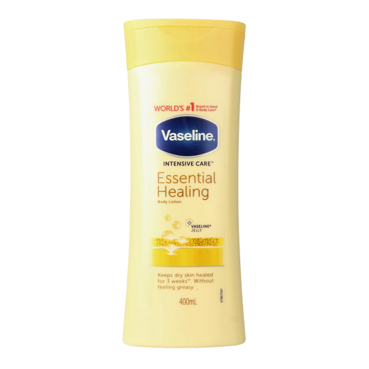 Vaseline Bodylotion Essential Healing in a 400ml bottle, featuring smooth, nourishing lotion for healthy skin.
