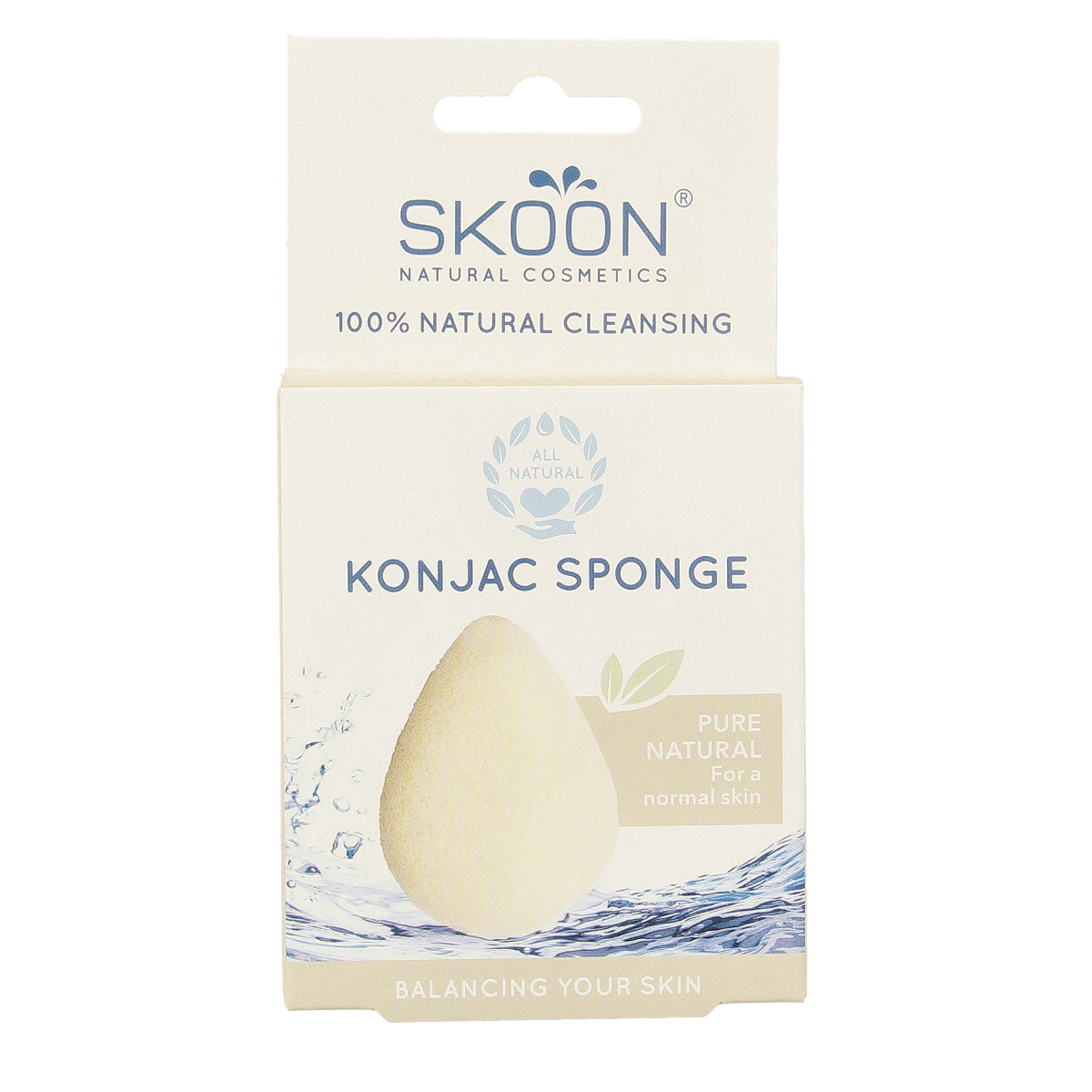 Skoon Konjac sponge made of pure organic konjac, for gentle facial cleansing, shown in a close-up image.