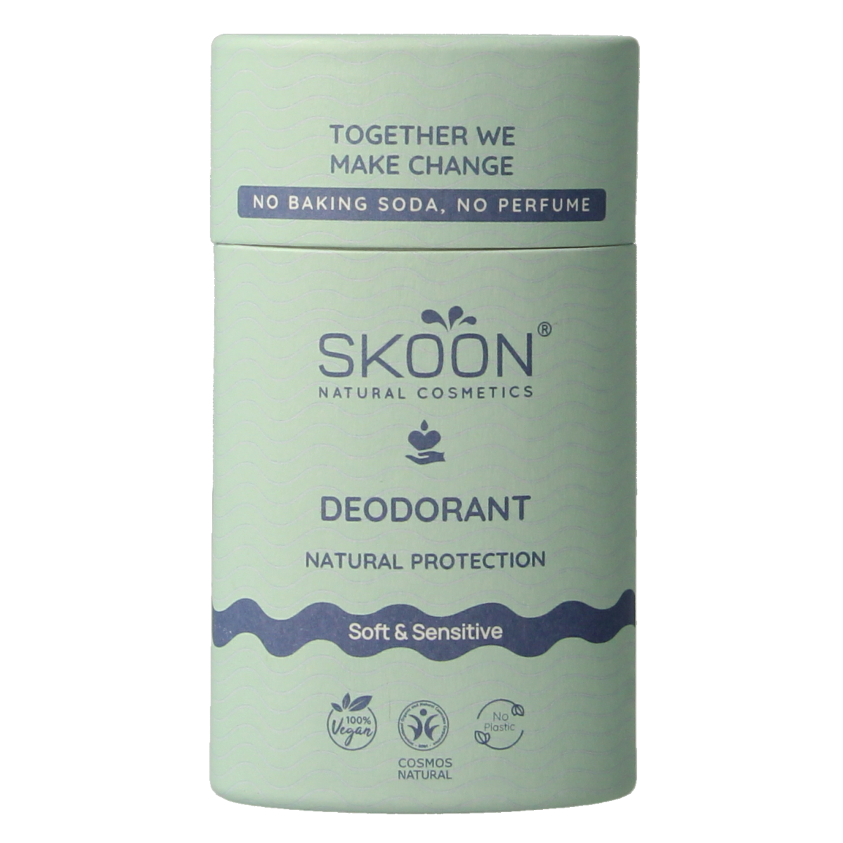 Skoon Deo stick soft and sensitive 65g, natural deodorant stick for gentle, all-day freshness, with a sleek white container.
