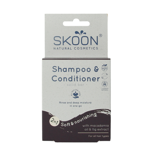 Skoon solid shampoo and conditioner bar, 90g, natural Haarverzorging product with eco-friendly packaging and clean design.