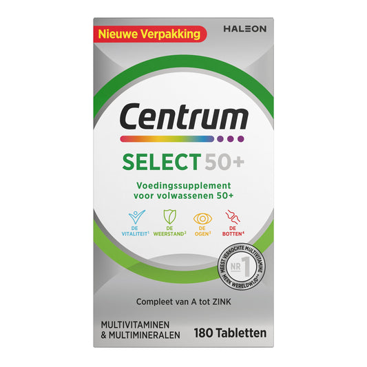 Centrum Select 50+ advanced multivitamin tablets in a white bottle, designed for seniors' health support.
