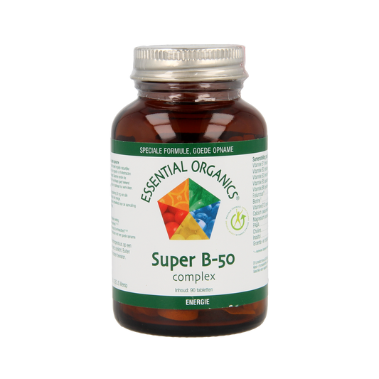 Essential Organics Super B50 complex vitamin tablets in a bottle, showcasing 90 multi-vitamin supplement tablets.