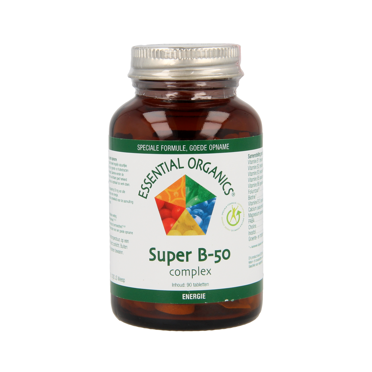 Essential Organics Super B50 complex multivitamin tablets, showing a blister pack with 90 tablets.