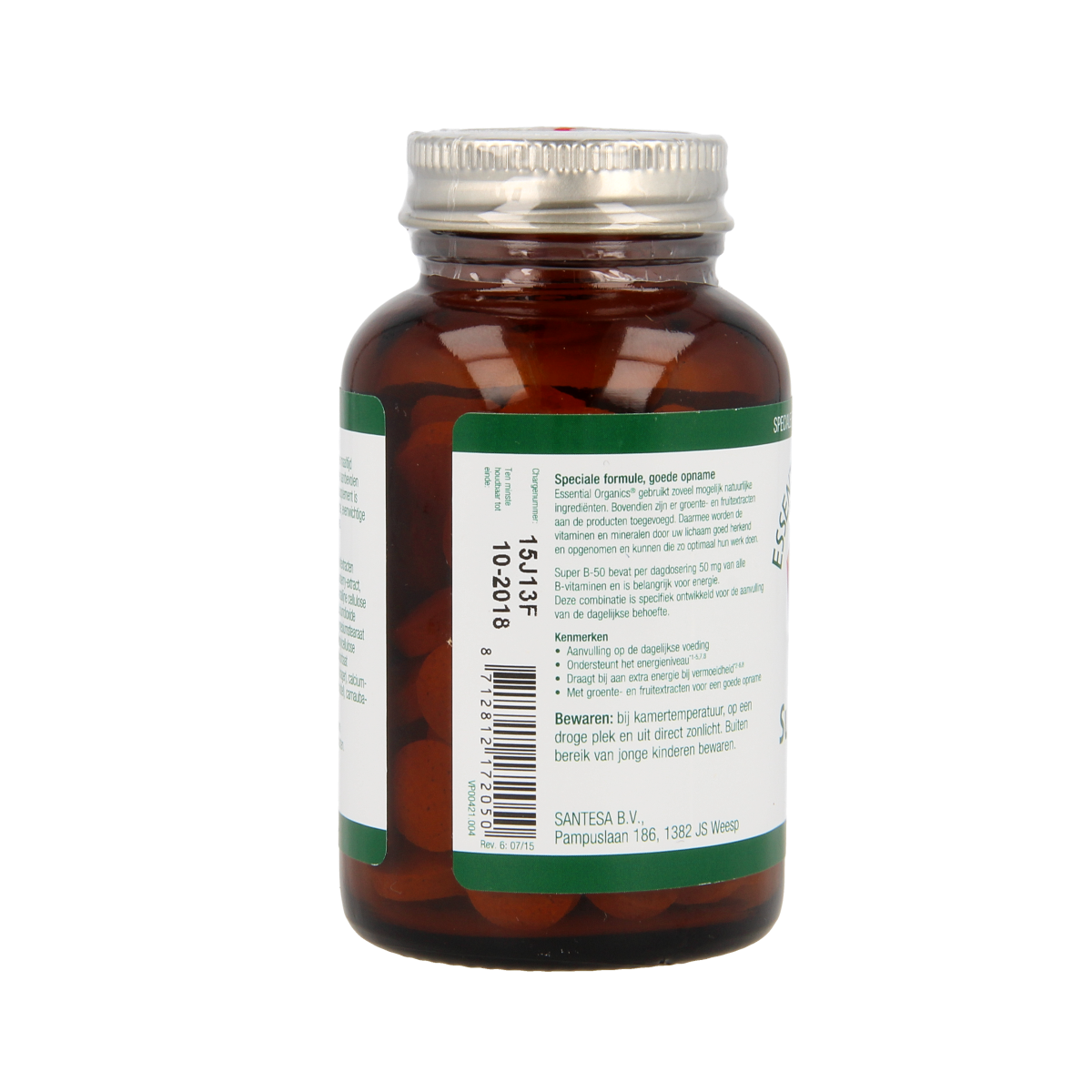 Essential Organ Super B50 complex multivitamin tablets, 90 count, in a white bottle with colorful labeling.