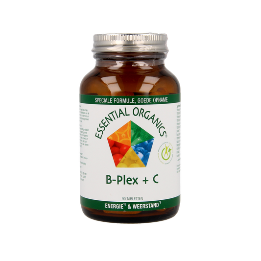 Essential Organics Bplex & C multivitamin tablets in a bottle, featuring colorful tablets for immune support and overall health.