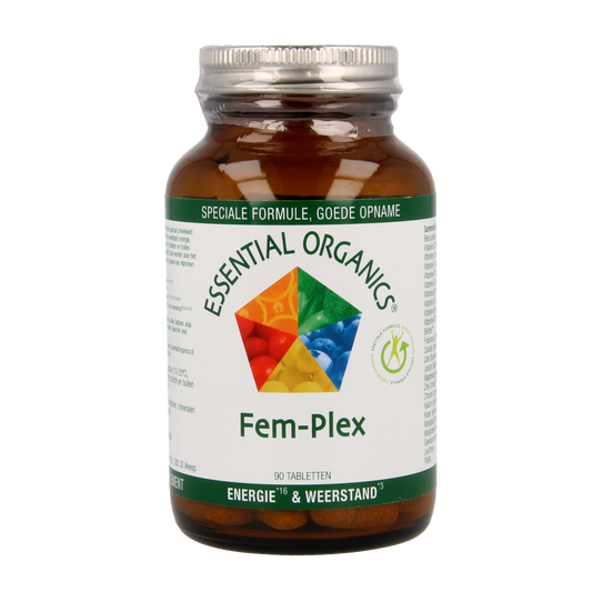 Essential Organics Fem Plex multivitamine tabletten, dietary supplement for women's health, in blister pack.