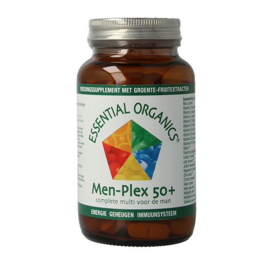 Essential Organics Men Plex 50+ multivitamin tablets, dietary supplement, close-up of the bottle and tablets.