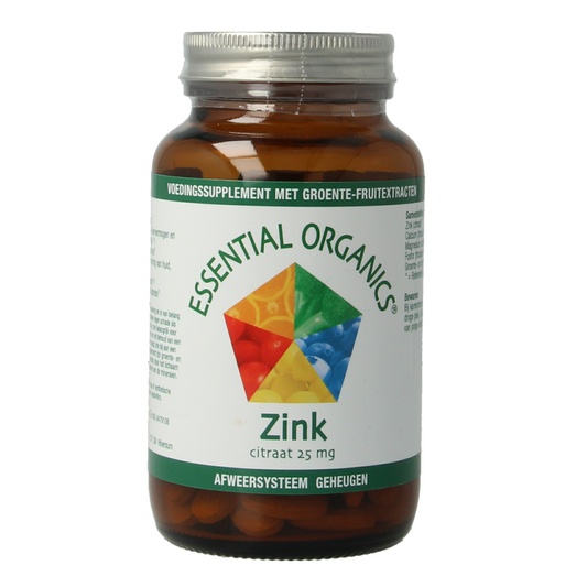 Essential Organics Zinc 25mg mineral tablets, 90-count, showing the supplement bottle with tablets inside.